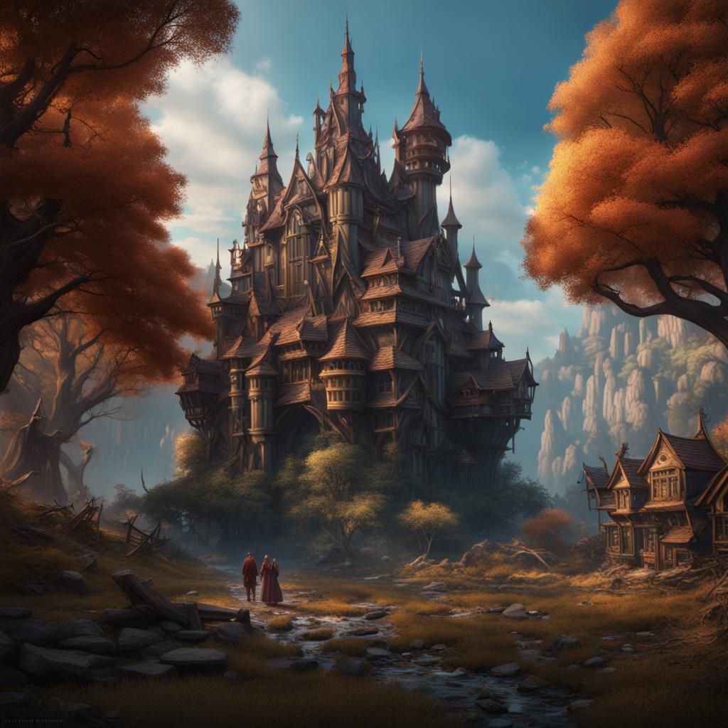 Family in Front of Giant Mansion, Detailed Matte Painting