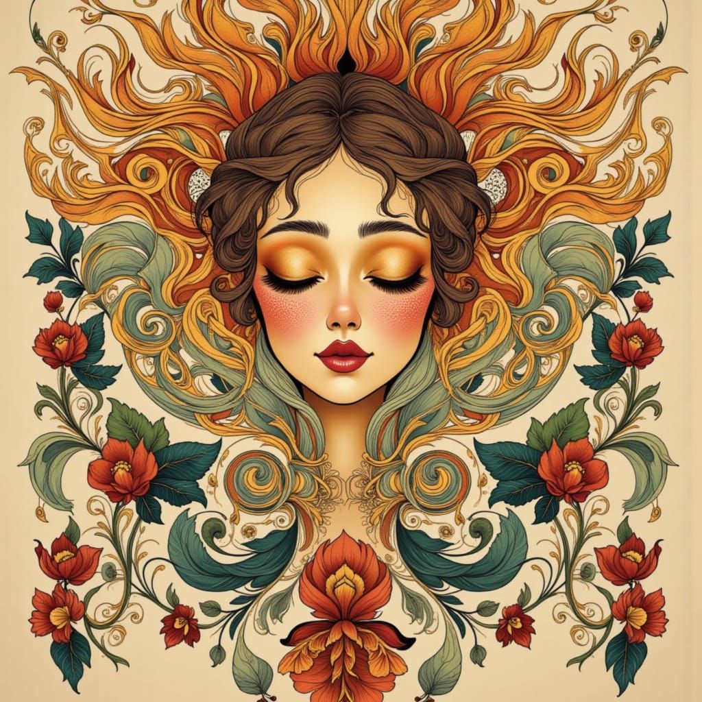 Boho Art Nouveau Woman with Mandala Sun