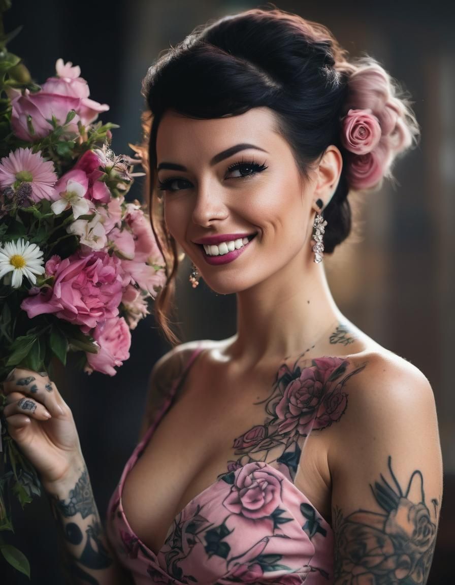 Smiling Pirate Girl with Chest Tattoo in Photo