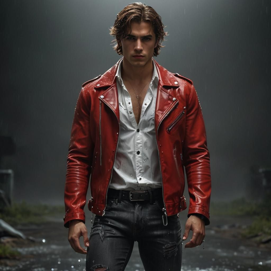Confident Biker in Red Leather Jacket: Digital Art