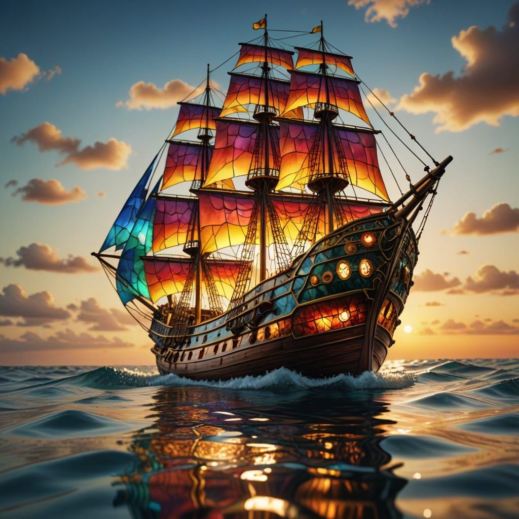 Stained-Glass Ship on the Ocean: Hyperrealistic Digital Art