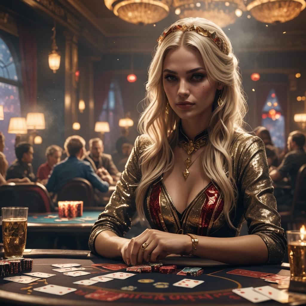 Blonde Woman Playing Poker in Glittering Golden Fog