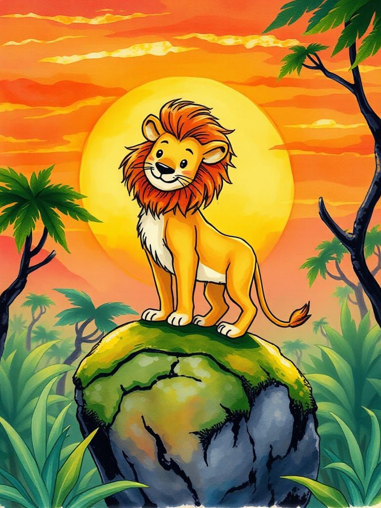Whimsical Lion in Jungle, Energetic Illustration