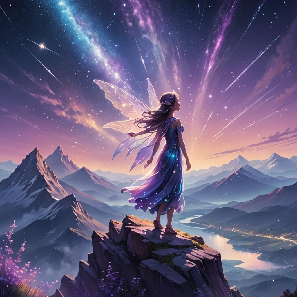 Fairy on Mountain Top Watching Cosmic Wonders