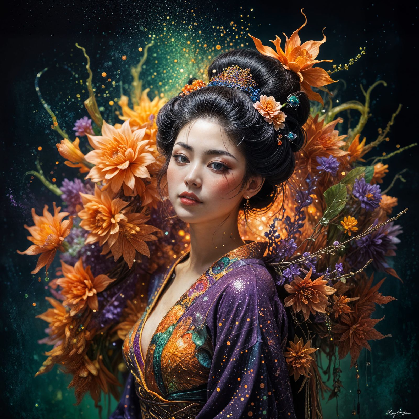 Surreal Geisha Portrait with Pointillism Technique