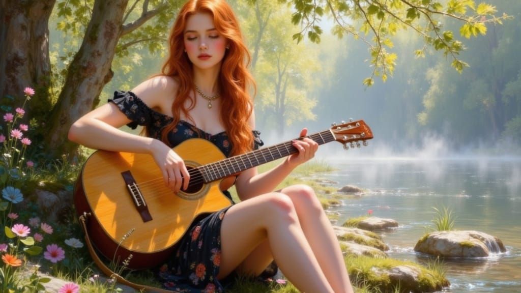 Impressionistic Oil Painting of Woman Playing Guitar by Lake