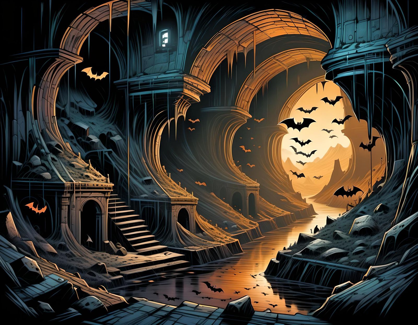 Bat-Filled Cavern in Comic Book Art Style