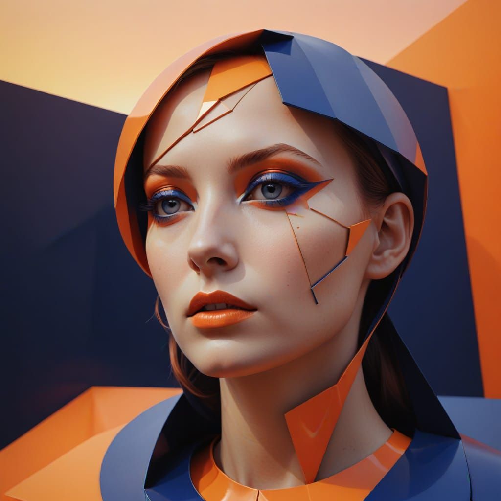 Surreal Geometric Sunset in Vibrant Orange and Indigo