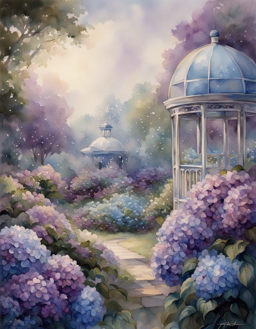 Hyperrealistic Hydrangeas in Glass Orb: Watercolor Art