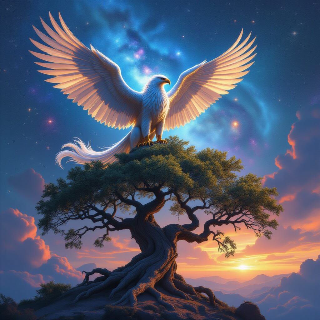Cosmic Griffin Perched on Ancient Tree Under Nebula Sky