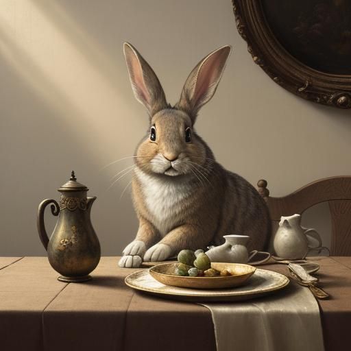 Worried Rabbit in Baroque Still Life