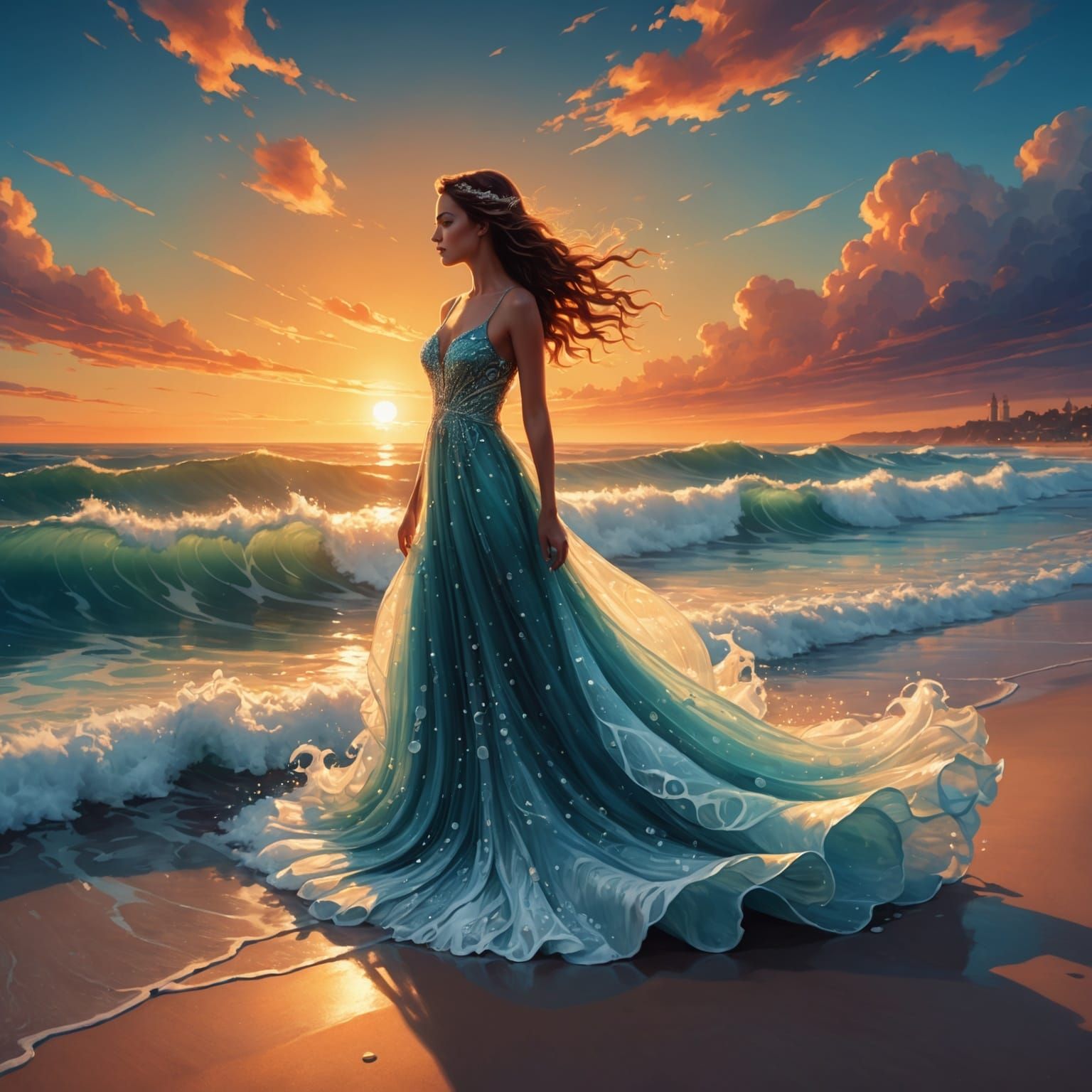 Woman on Beach with Sunset in Fantasy Art