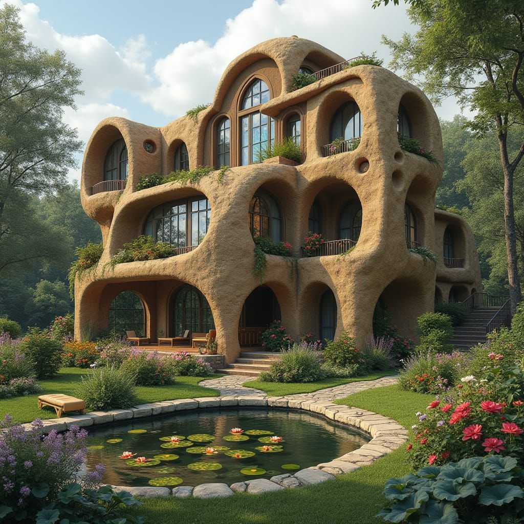 Curved Cob Paradise with Colorful Greenhouse and Lush Garden...