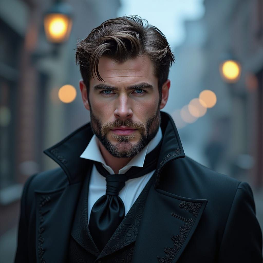 Gothic Vampire with Piercing Blue Eyes in Victorian Style