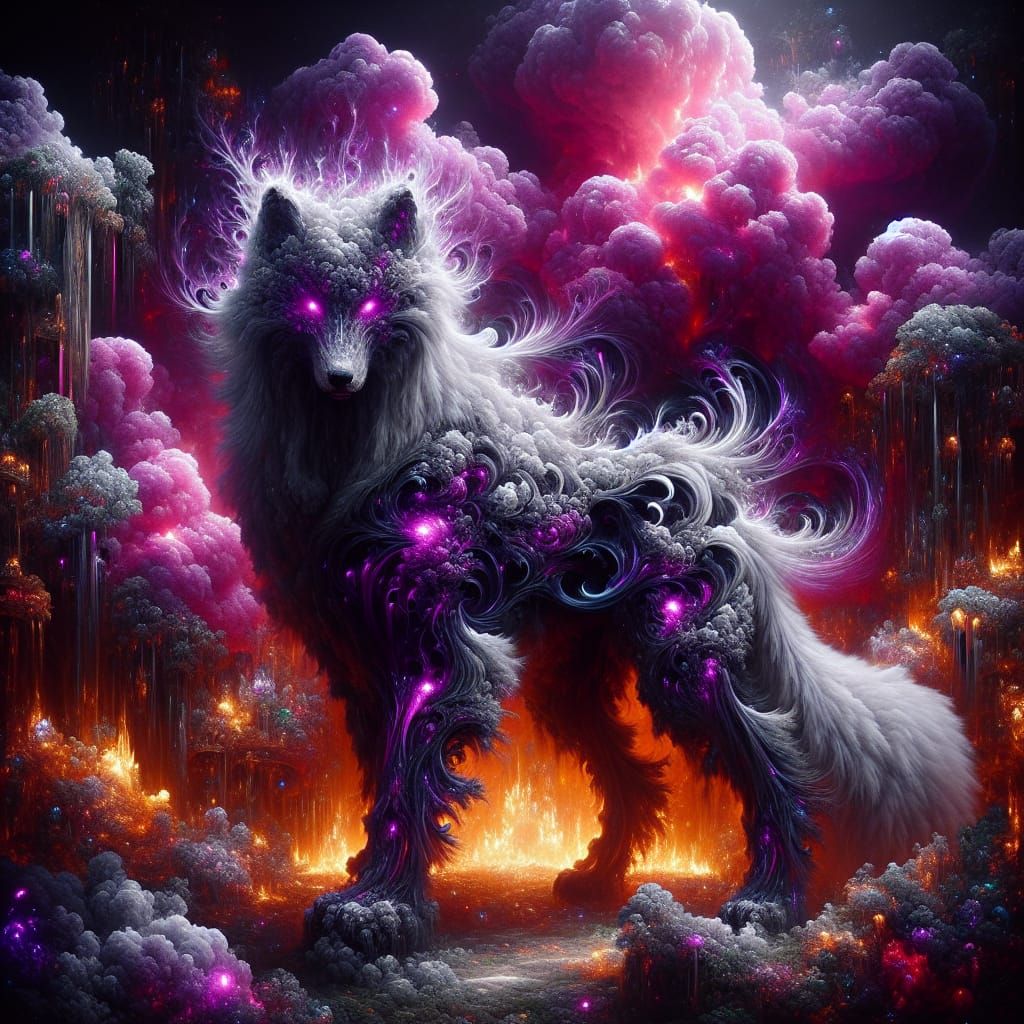 Fiery Cloud Wolf in Dystopian Landscape