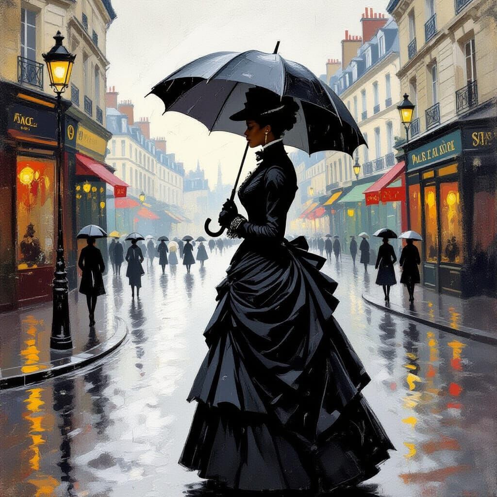 Victorian Woman in Rainy Paris: An Impressionistic Scene