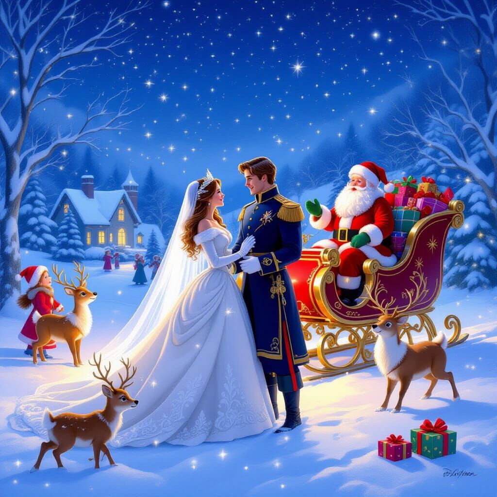 Princess and Prince in Romantic Winter Wonderland with Child...