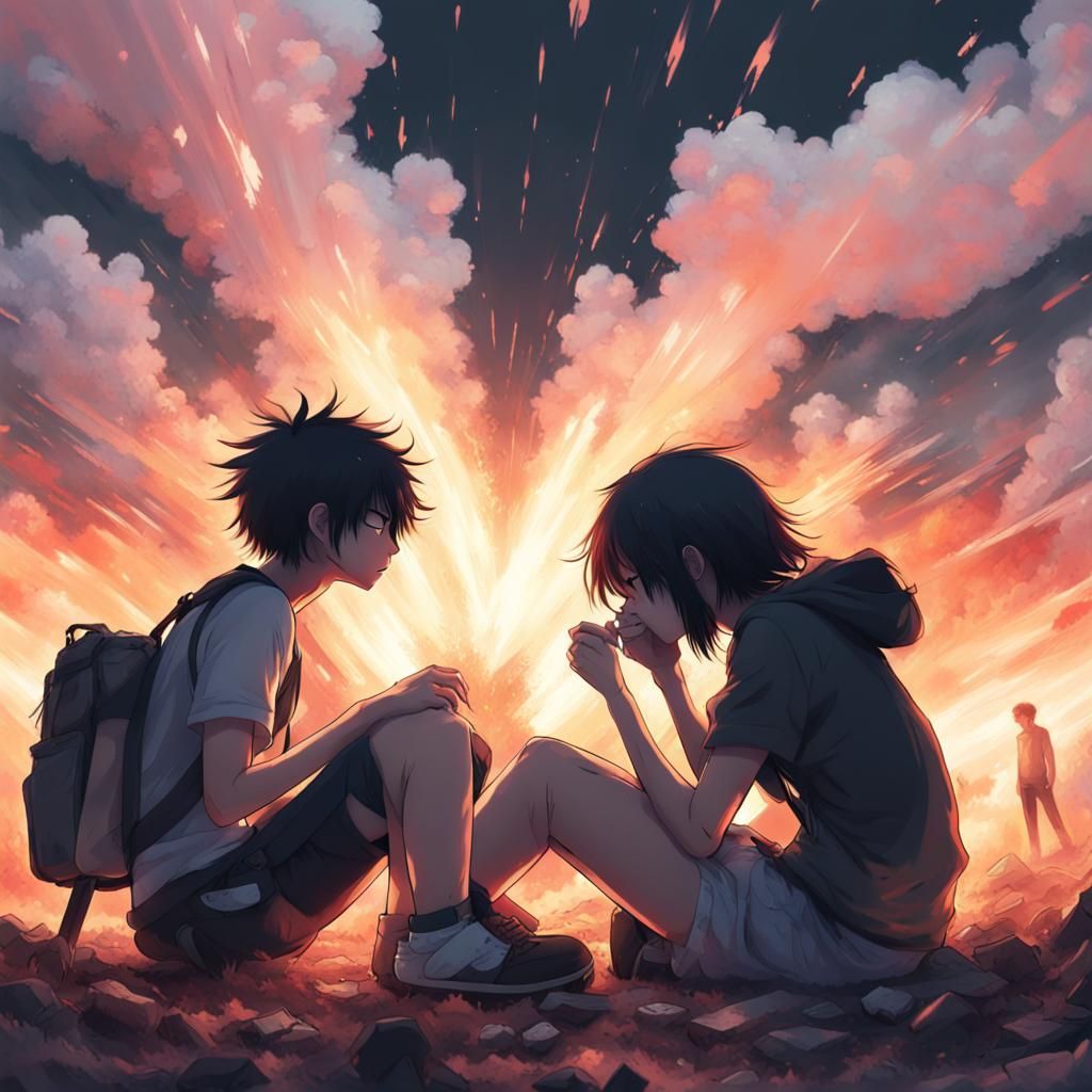 Anime Couple Kissing in Post-Apocalyptic Chaos