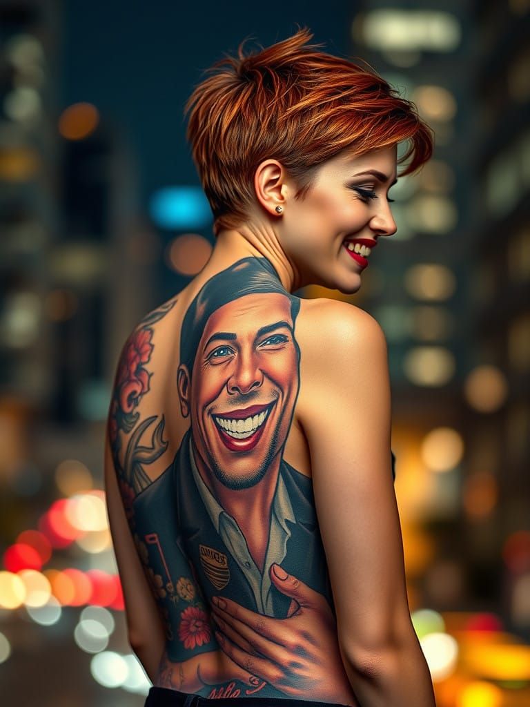 Hyperealistic Portrait of a Tattooed Woman at Night