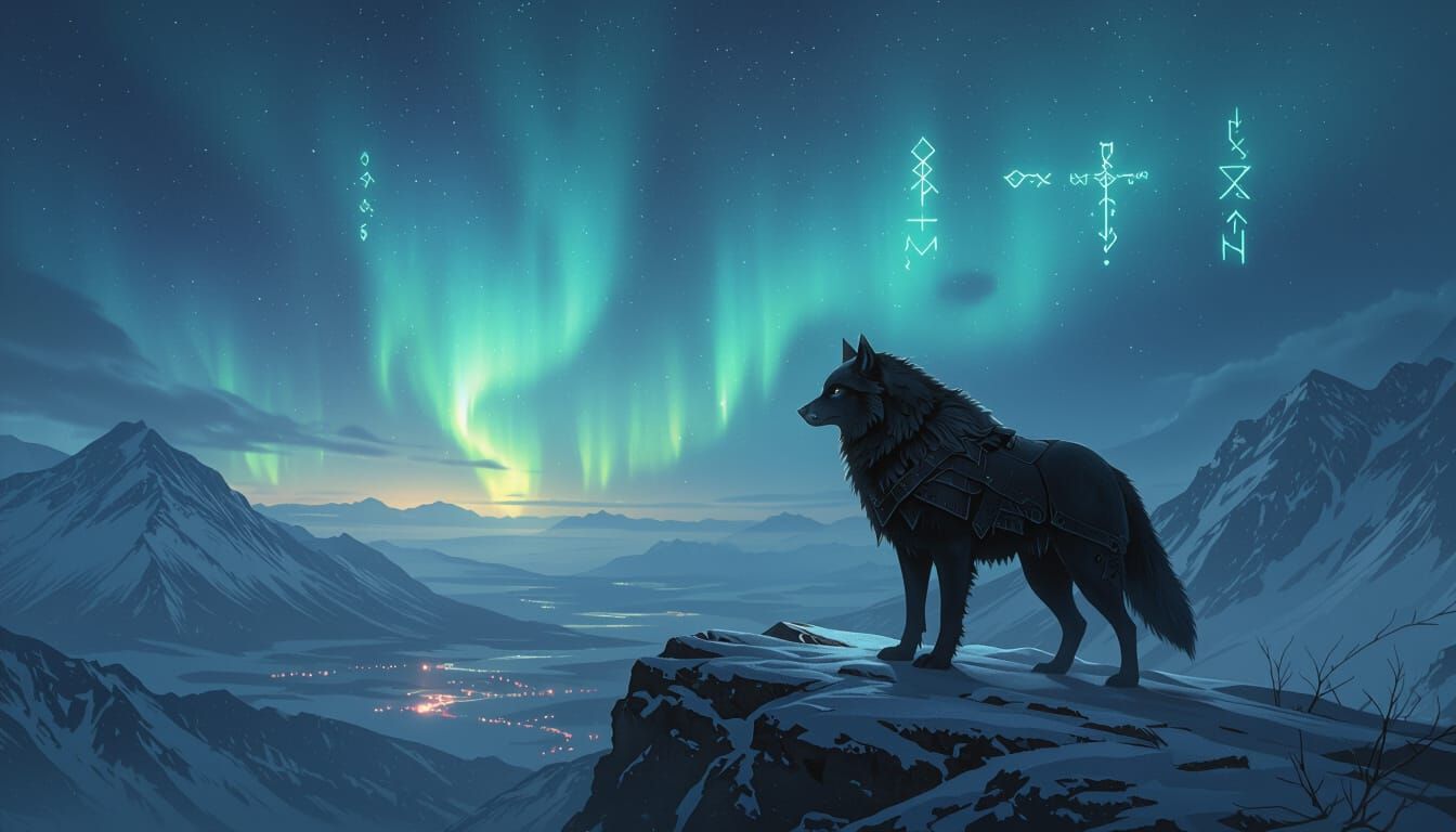 Therianthropic Wolf on Mountain Ridge Under Aurora