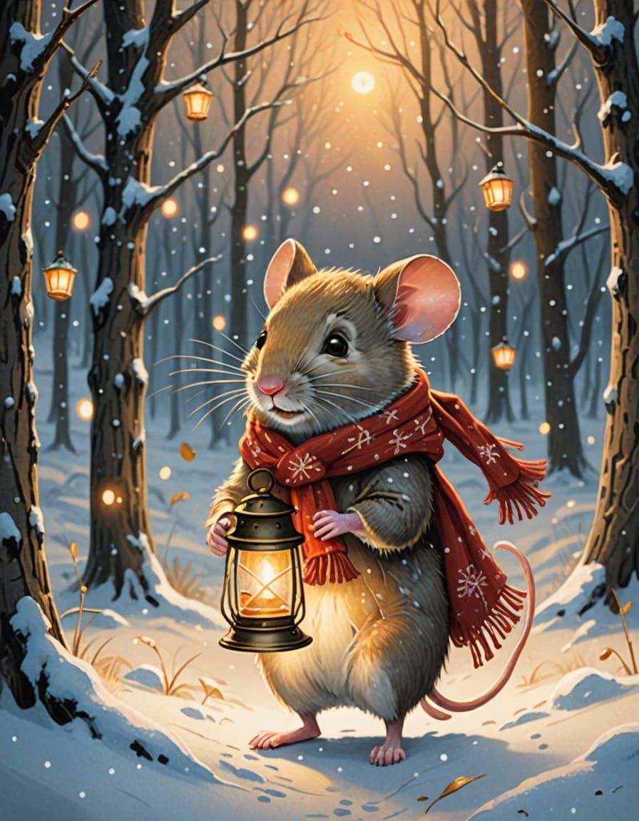 Mouse in Snowy Forest with Lantern, Storybook Illustration