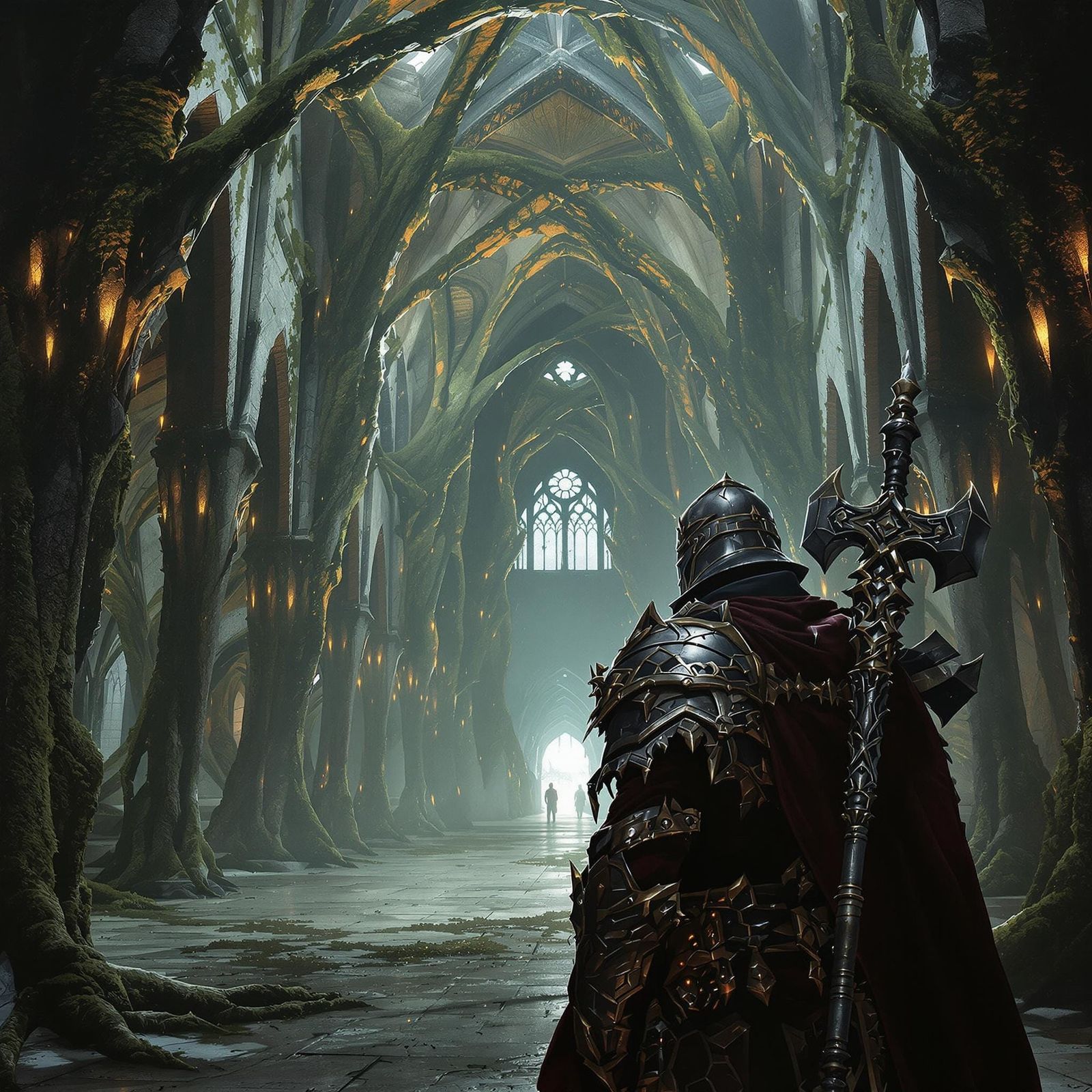 Grizzled Paladin in Gothic Cathedral, Beksiński Style