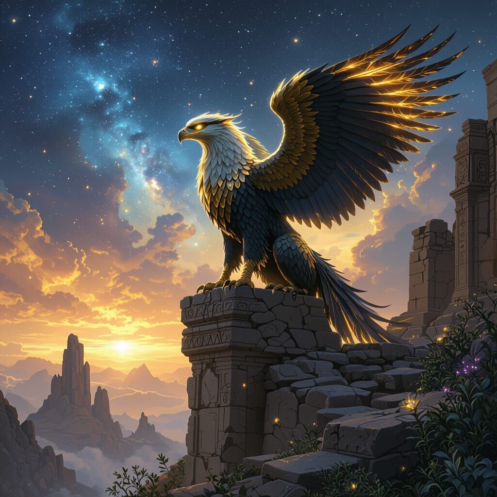 Griffin Overlooking Nebula in Epic Fantasy Style