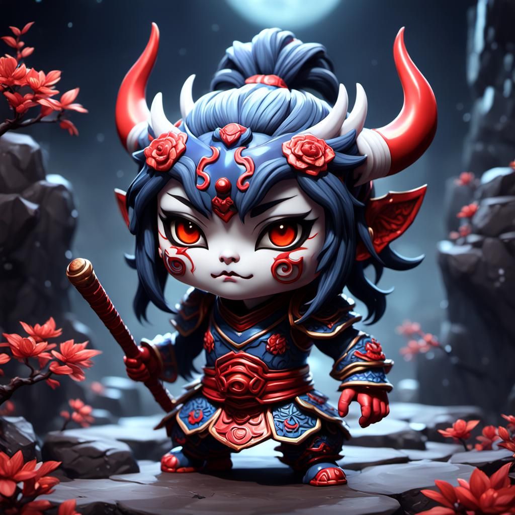 Chibi Porcelain Oni: Detailed Fantasy Art