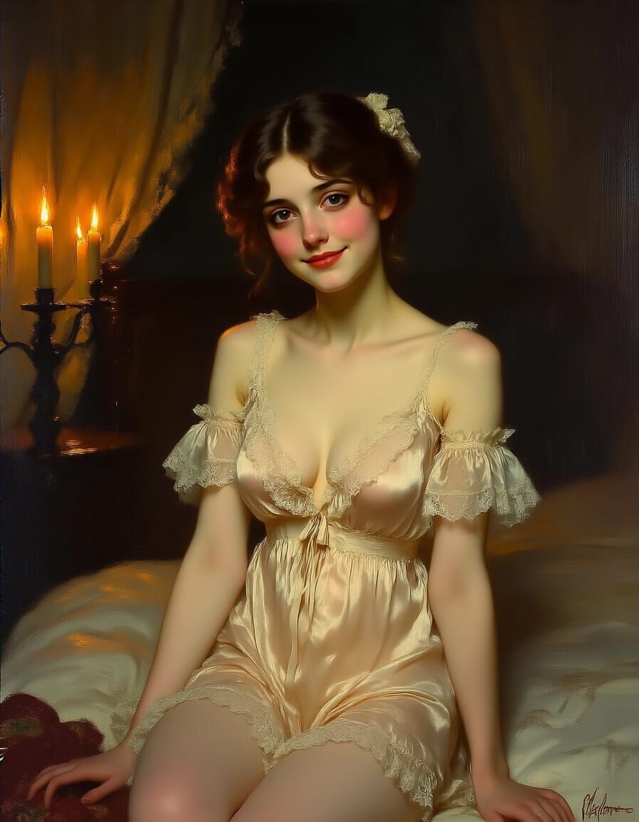 Victorian Woman in Silk Negligee, Oil on Canvas