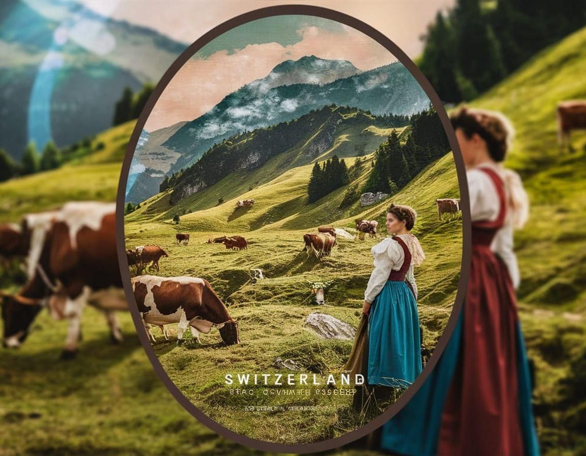 Swiss Alps Vintage Poster with Maiden and Cows