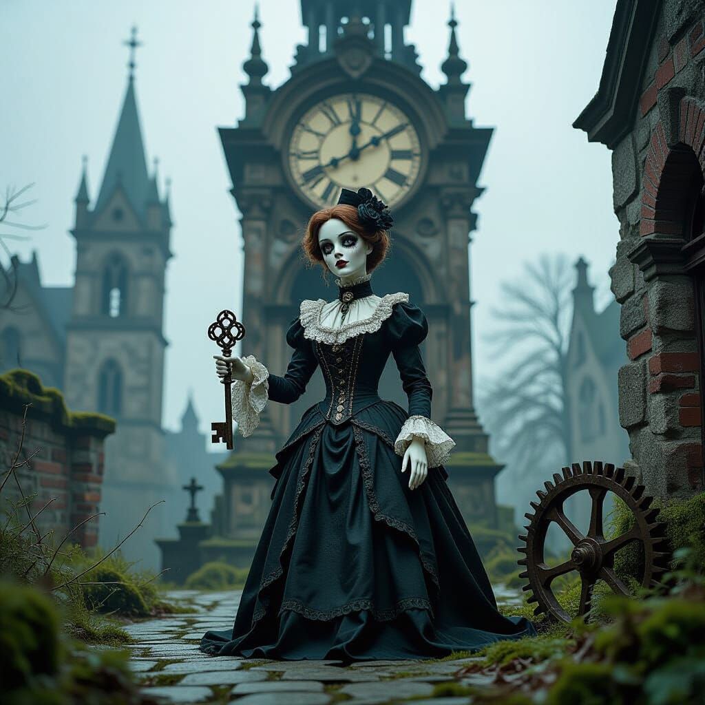 Gothic Mannequin Puppet in Ruined Clock Tower