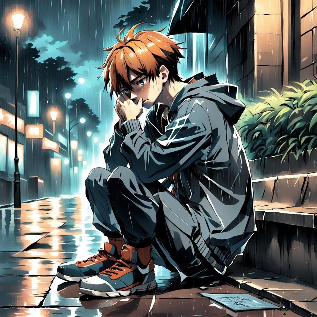 Anime Style: Young Man in Rainy Despair