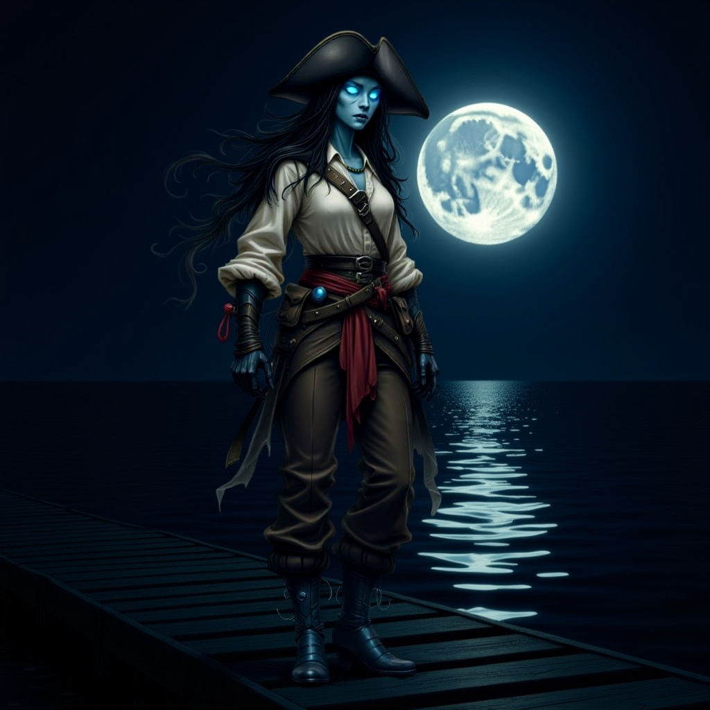 Ghostly Tiefling Pirate in High Fantasy Style