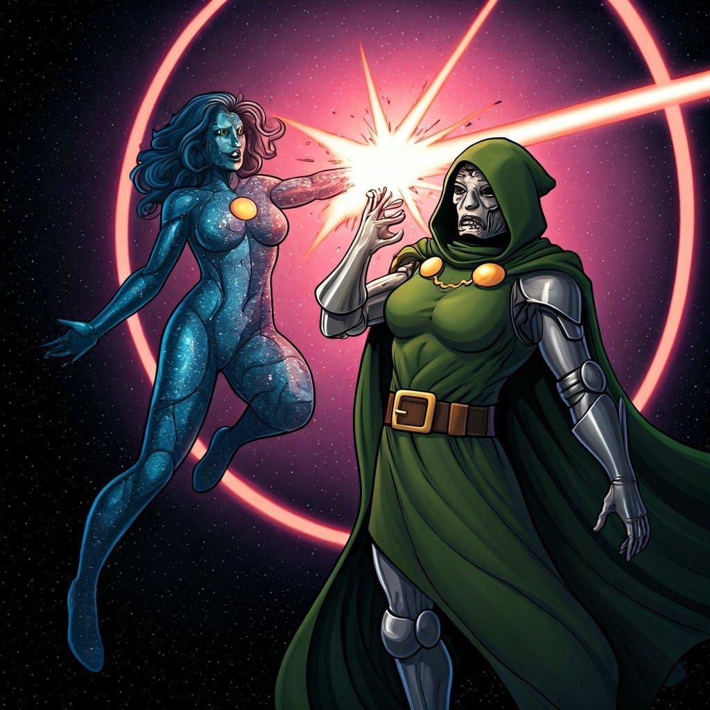 Cosmic Entity Battles Doctor Doom in Comic Book Art