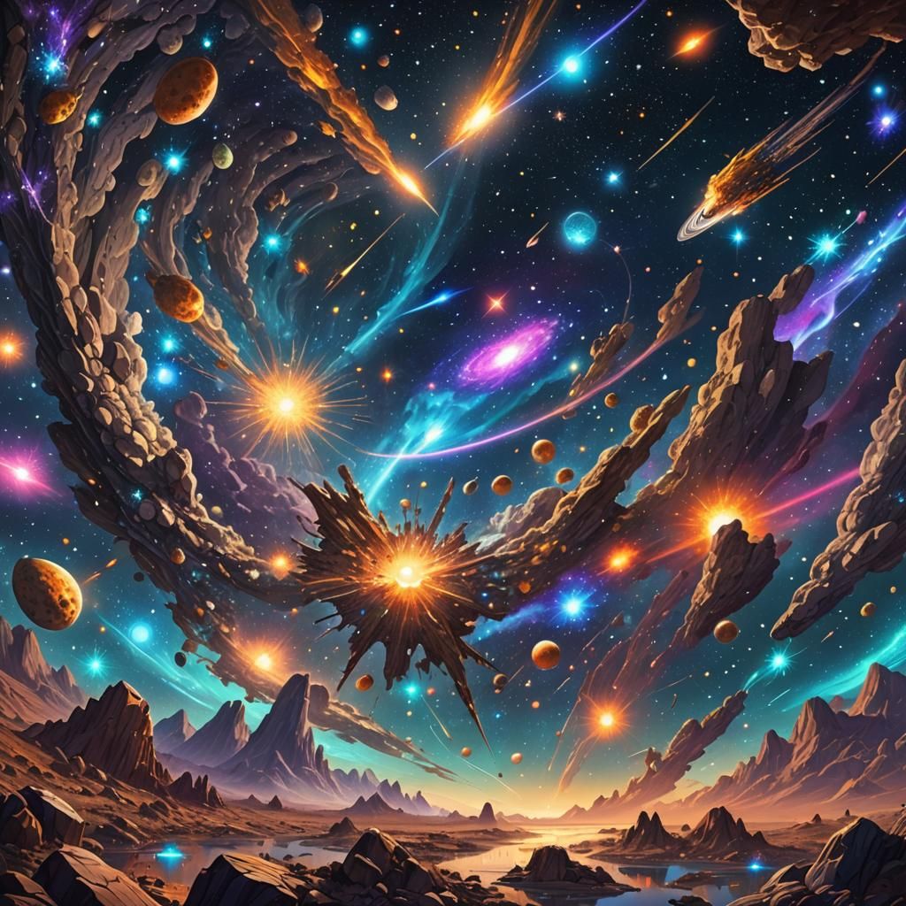 Cosmic Meteors and Asteroid Swarms in Astral Illustration