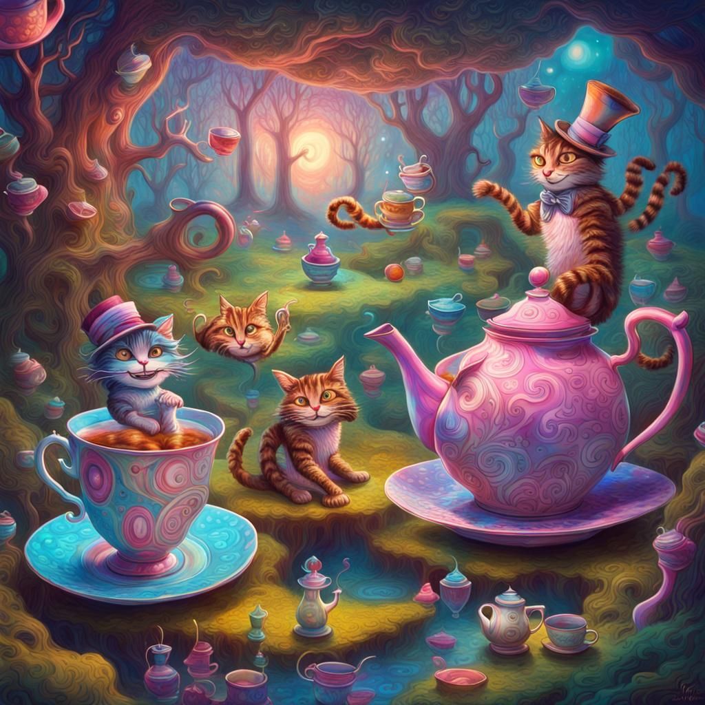 Whimsical, psychedelic scene with floating tea cups and talk...