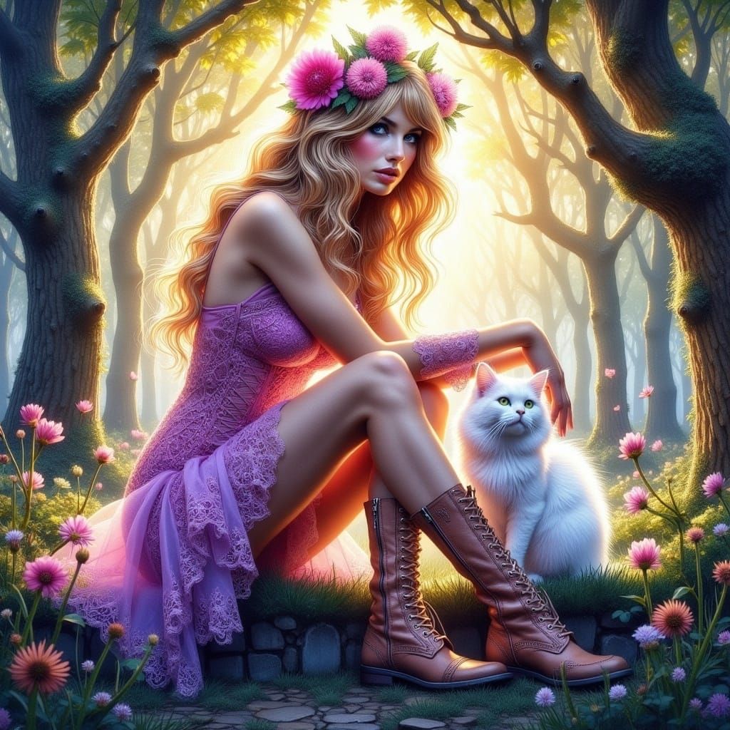 Ethereal Fairy Woman with a Whimsical Cat
