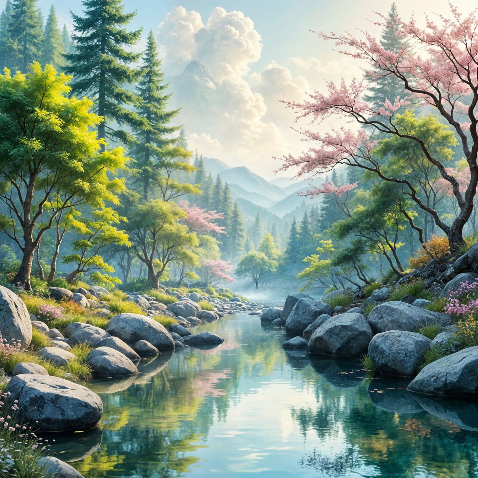 Zen Garden by Peaceful Pond with Cherry Blossoms