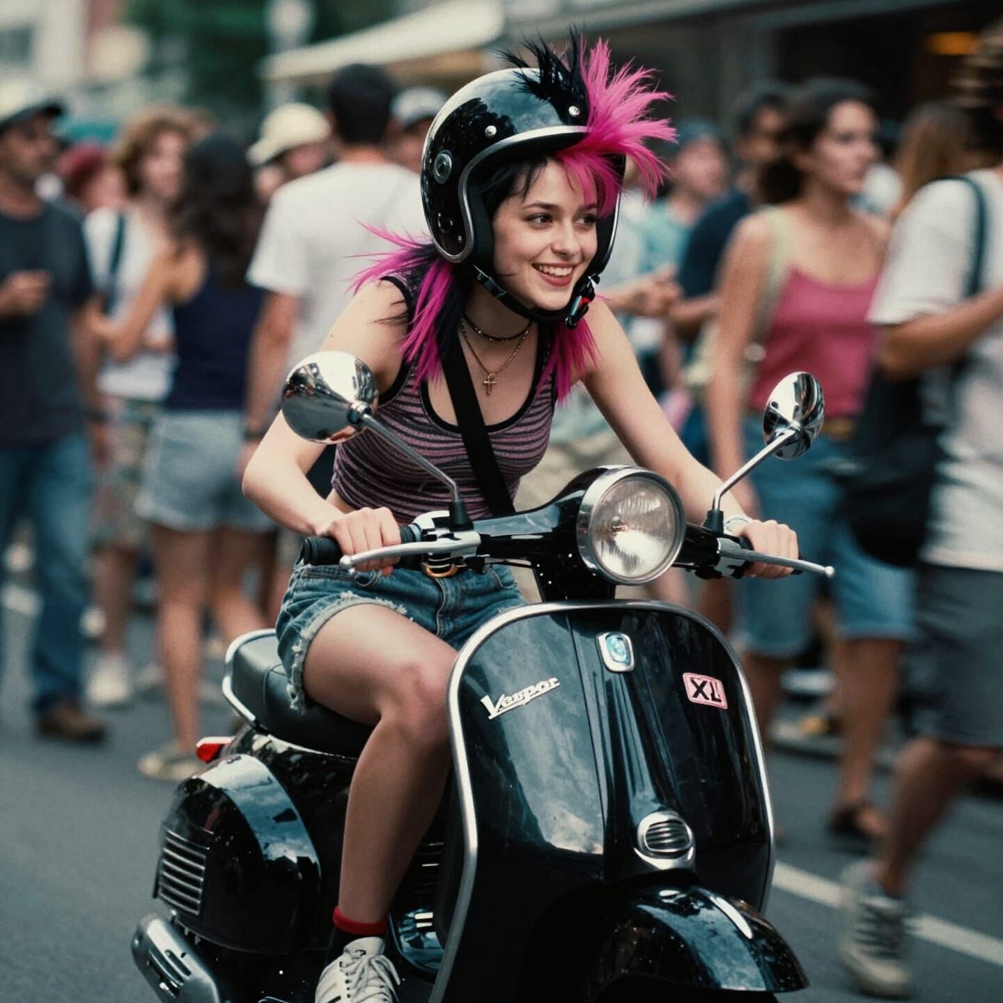 Punk Girl Rides Vespa Through Crowd Cinematic Film Still