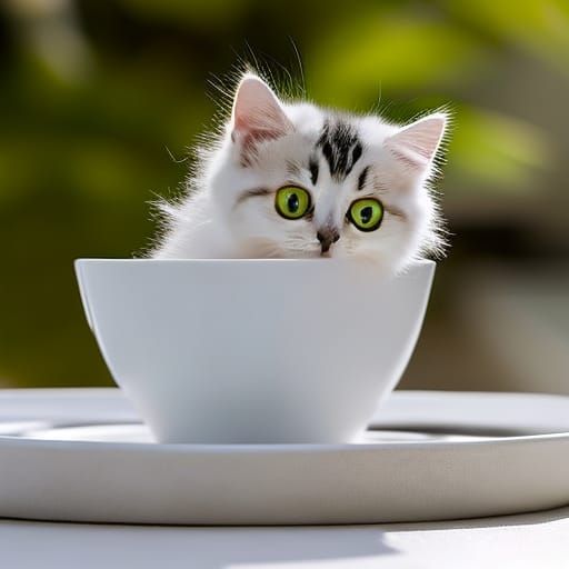 White Kitten with Heterochromia in Teacup: Close-up
