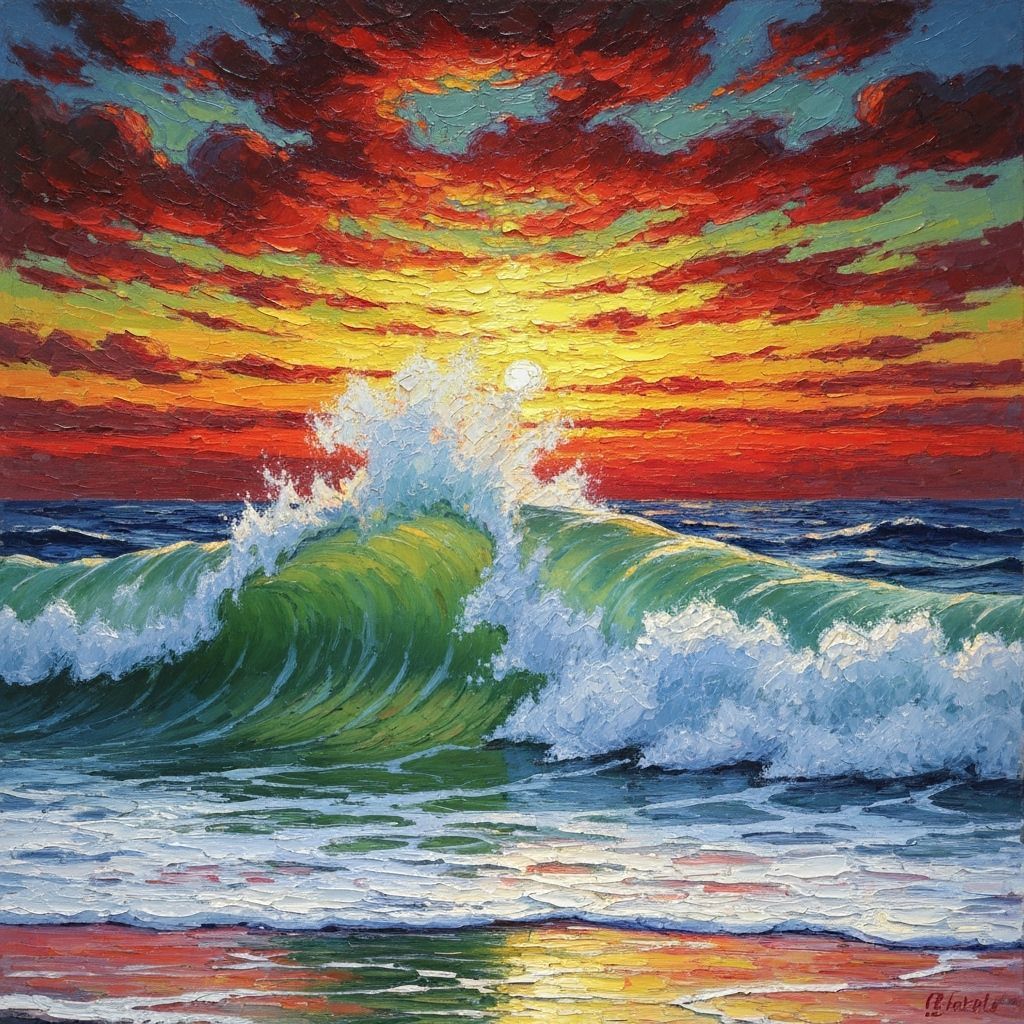Crashing Wave at Fiery Sunset Impasto Painting