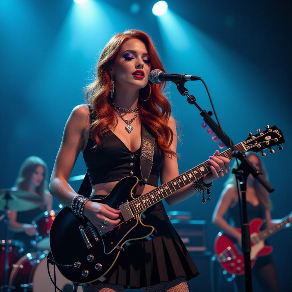 Red Haired Rockstar Sings On Stage With Guitar