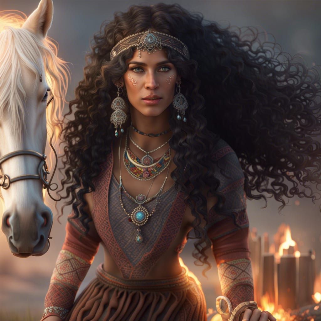 Beautiful Gypsy Woman with Horse by Fire