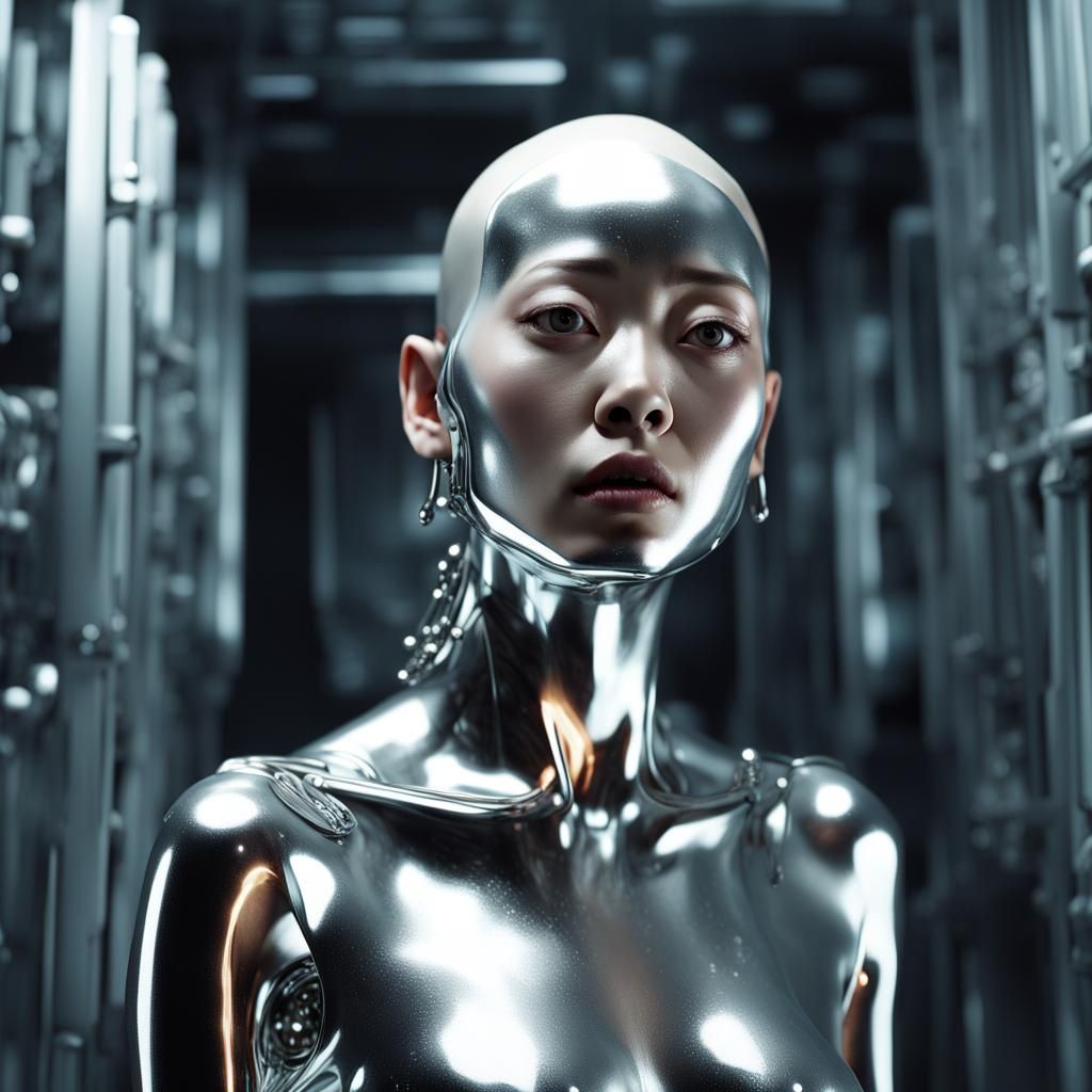 Startled Silver Woman Turning into Robot: Detailed Concept A...