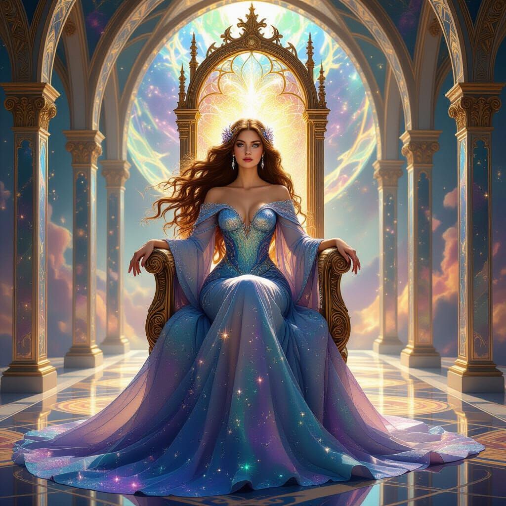 Celestial Empress on Stardust Throne in Art Nouveau Style