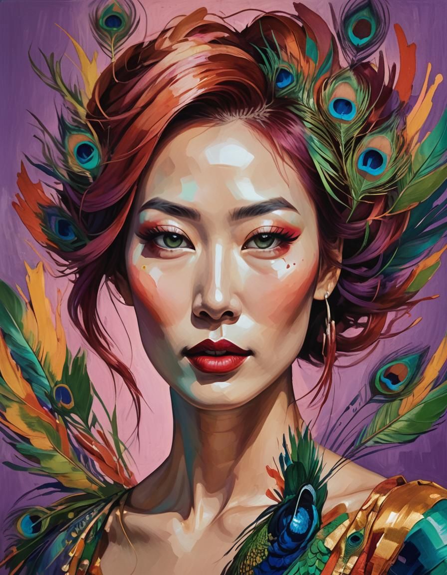 Vibrant Abstract Portrait of Asian Woman in Pop Art Style