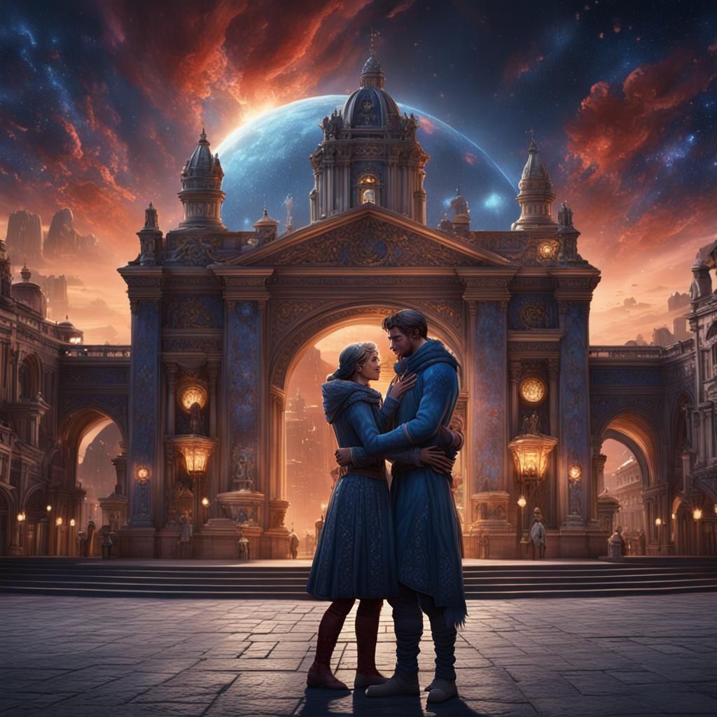 Celestial Embrace: Couple in City Square, Detailed Painting