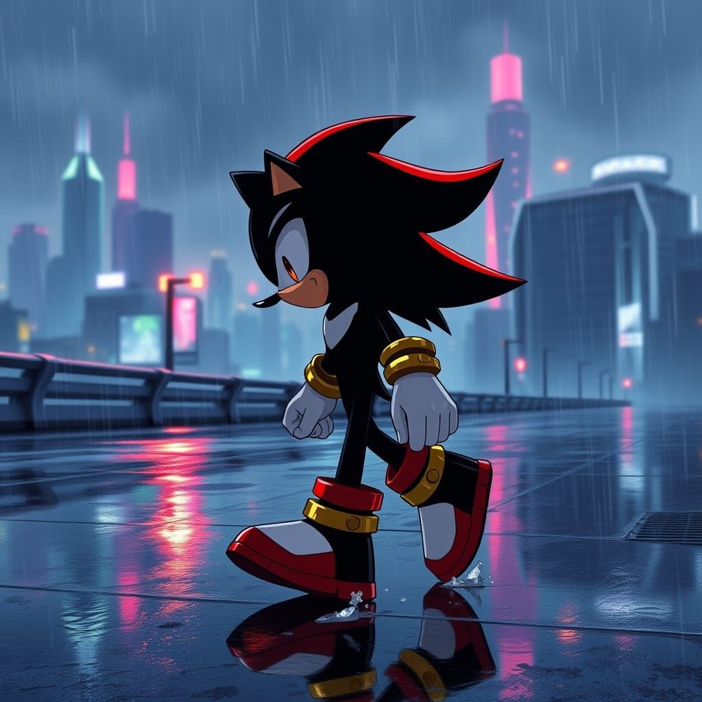 Shadow the Hedgehog Strolls Through a Futuristic Rainy Citys...