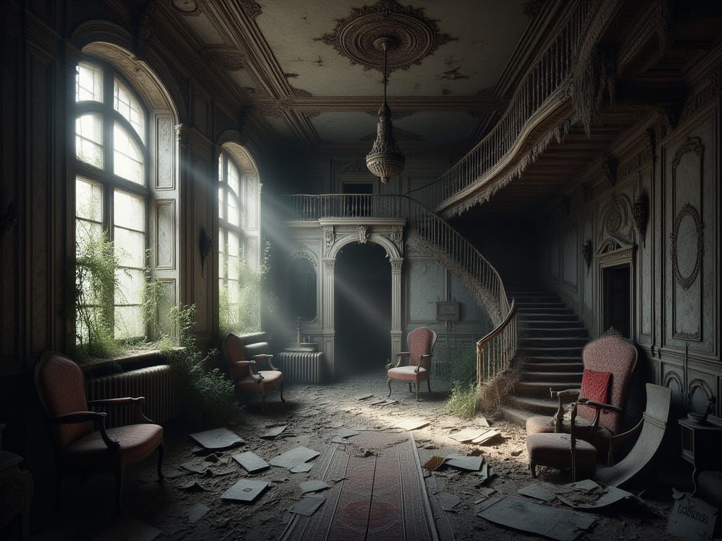 Abandoned Victorian Mansion Interior in Dramatic Light