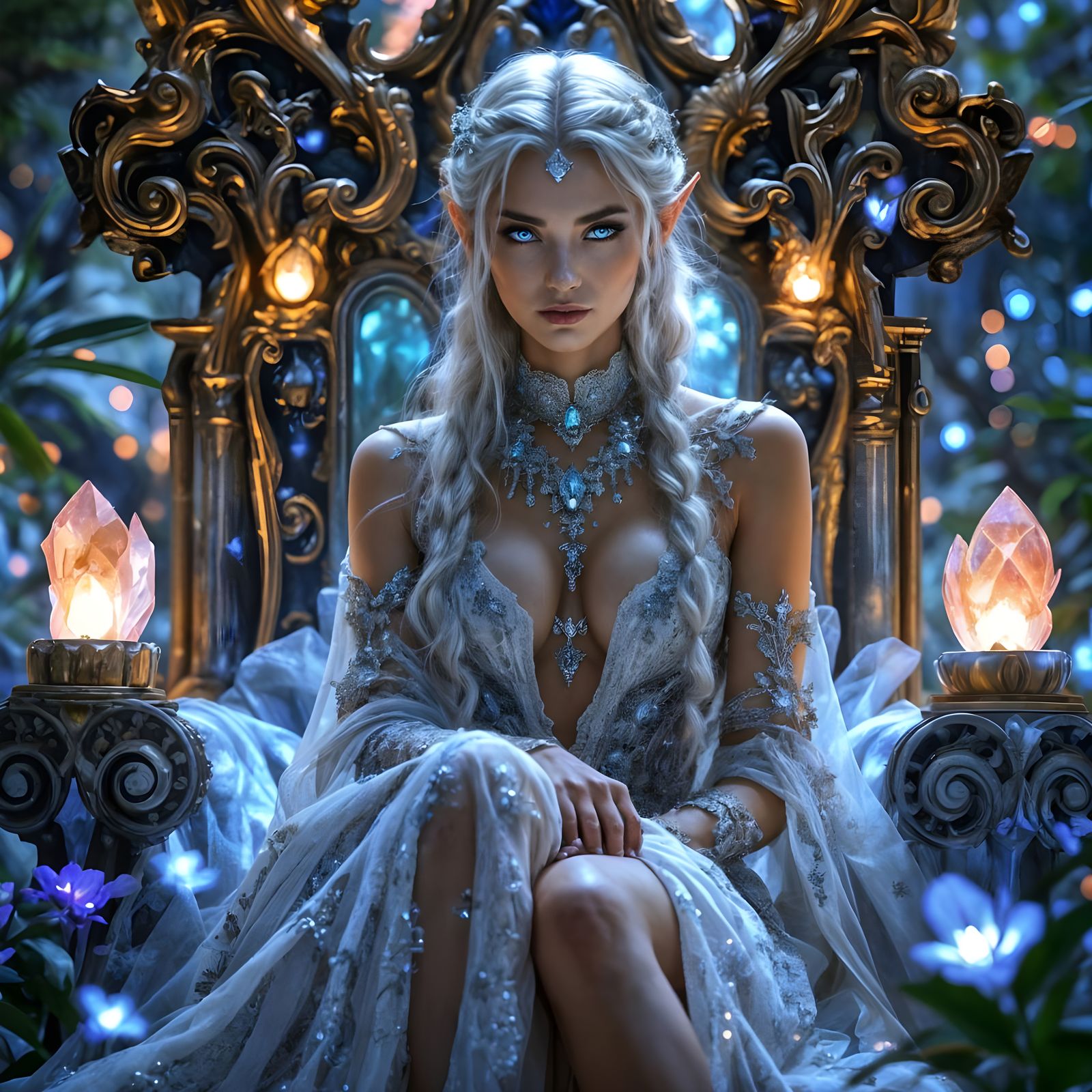 Elven Queen on Crystal Throne in Ethereal Light